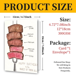 Detail showing 12x18cm humorous steak birthday card with 300GSM paper and envelope