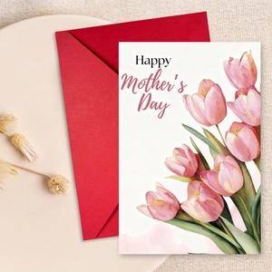Biglietto Auguri Festa Della Mamma E Busta Rossa Acquerello Floreale Tulipano Giglio Girasole Garofano Regalo Per La Mamma