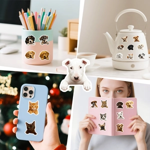 Realistic cat and dog stickers shown on various items like laptop and phone cases