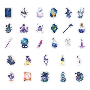 Lot de 30 autocollants magiques aquarelle mystiques avec hiboux, lune et grimoires