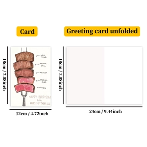 Detail view of funny steak birthday card showing folded and unfolded sizes on white backdrop