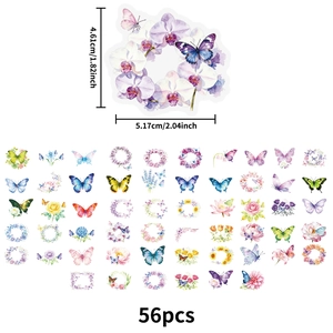 Set di 56 adesivi trasparenti in PET con farfalle e fiori per laptop e bottiglie d'acqua