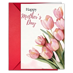 Set biglietto d'auguri per la Festa della Mamma con tulipani rosa e busta rossa coordinata