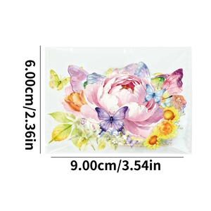 Dettaglio di adesivi trasparenti in PET con fiori e farfalle e dimensioni 6x9cm