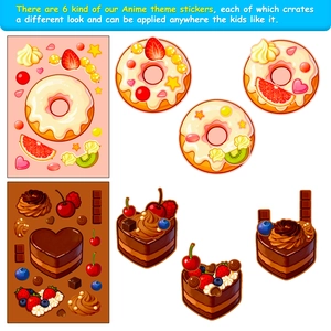 Detailed close-up of cartoon dessert stickers featuring donuts and chocolate mousse cakes