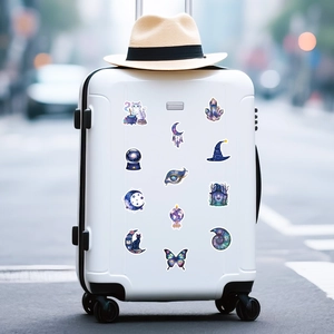 Autocollants magiques aquarelle sur valise blanche avec motifs de chats et cristaux