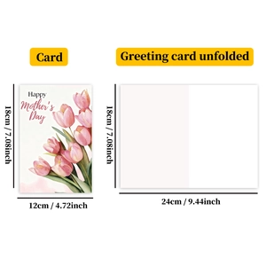 Dettaglio del biglietto per la festa della mamma con tulipani e dimensioni aperto e chiuso