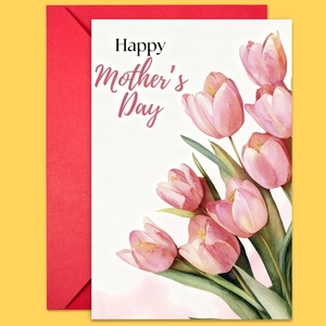 Primo piano del biglietto per la festa della mamma con tulipani e busta rossa