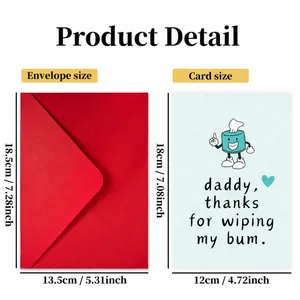 Father's Day greeting card set with red envelope and size specifications displayed