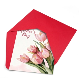 Set biglietto auguri festa della mamma con tulipani rosa e busta rossa di alta qualità