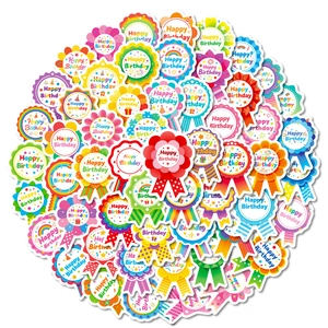 Colorful Happy Birthday badge stickers featuring rainbow and cake designs on white background