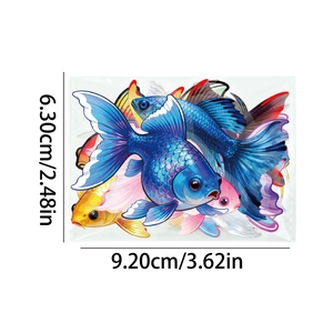 Detail showing dimensions 9.2x6.3cm for colorful goldfish PET waterproof stickers