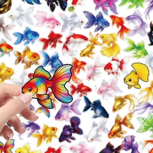 Close-up of vibrant rainbow goldfish PET stickers with clear cut edges and waterproof texture