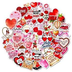 56Pcs Valentine's Day cartoon stickers with red hearts and rose patterns on white background