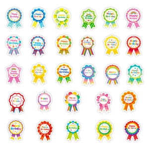 Collection of 30 colorful badge-style Happy Birthday stickers for gift decoration