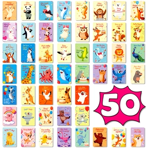 50 Pieces Cartoon Animal Happy Birthday Mini Greeting Cards Message Note Cards For Gift Box Decoration And Party Supplies