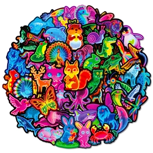 56 pieces of neon animal graffiti stickers featuring vibrant cartoon designs on white background