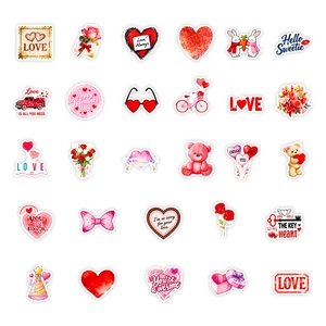Pack of 30 Valentine's Day cartoon stickers with red hearts, roses, and romantic patterns