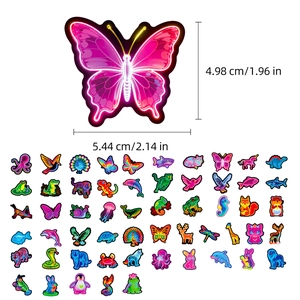 Detailed view of 54 neon animal stickers including butterfly and dolphin with dimensions