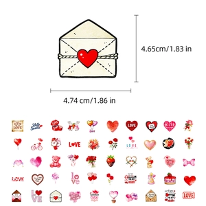 Close-up of Valentine's Day stickers showing heart and rose designs with size 4.74cm x 4.65cm
