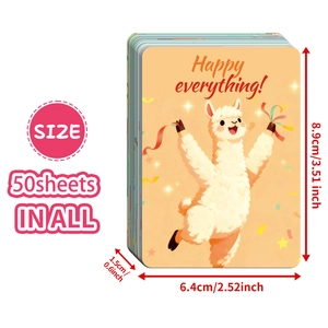 Pack of 50 cute orange alpaca gift cards with Happy Everything greeting and size guide