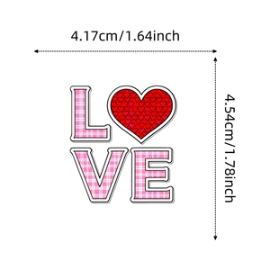 Detail showing dimensions of LOVE letter sticker with red heart and plaid pattern