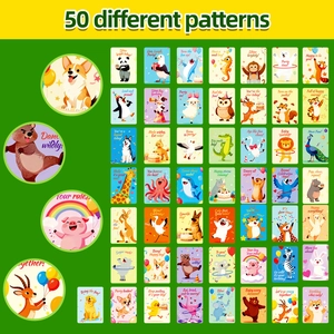 Detailed grid showing 50 unique cartoon animal birthday cards with vibrant patterns