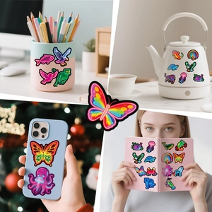 Neon animal stickers shown as decorative decals on water bottles and laptop cases