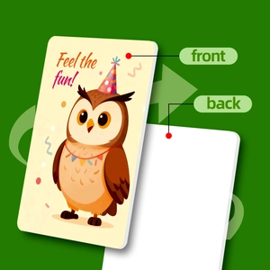 Front and back view of cartoon owl Happy Birthday cards with 'Feel the fun' text