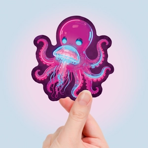 Close-up of neon pink octopus and blue jellyfish sticker held in hand with gradient background