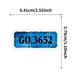 Détail de l'autocollant bleu rétro avec texte G0.3652 et dimensions précises