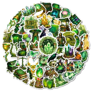 Green forest magic witch themed decorative sticker set with mystical wizard designs