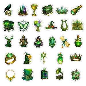 56 pieces of green forest magic witch stickers with emerald and bronze gold fantasy designs
