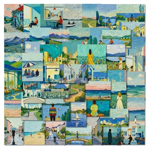 Impressionist Oil Painting Style Blue Sky Graffiti Stickers Artistic Scenery People Scrapbook Notebook Decor Material Stickers