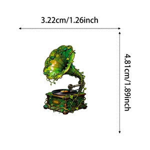 Detailed view of vintage phonograph sticker showing exact dimensions 4.81cm by 3.22cm