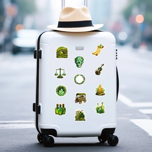 Close-up of fantasy green forest witch stickers on a suitcase for custom decoration
