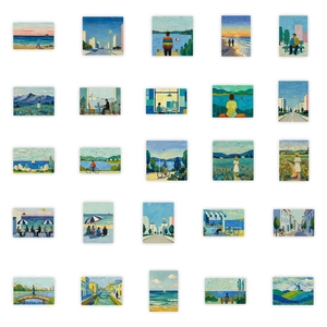 56-piece impressionist oil painting stickers with blue sky and artistic scenery for journals