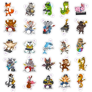 50 pieces of waterproof cartoon animal band stickers featuring various musicians on white base