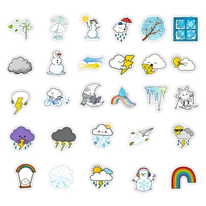 Set of 56 cute weather stickers featuring cartoon sun, cloud and rainbow doodles
