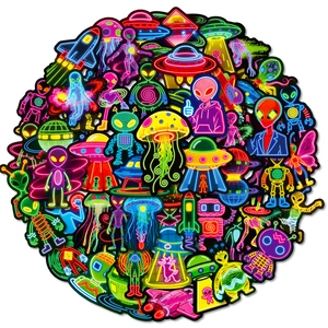 Set di 56 adesivi neon alieni con motivi UFO e razzi per decorare laptop e borracce d'acqua