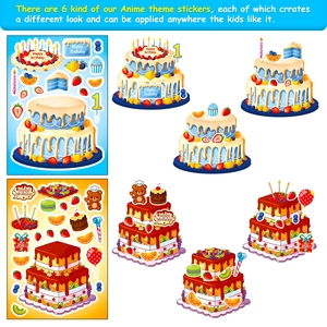 Détail de pack de 6 autocollants de gâteau puzzle montrant les décors DIY finis