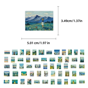 Detailed sheet showing 50 impressionist oil painting stickers with size measurements