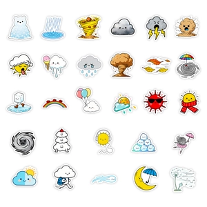 56-pack of cute weather emoji cartoon stickers featuring personified sun and clouds