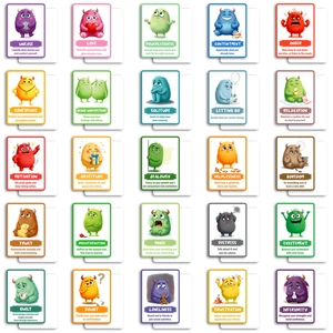 Educational monster emotion cards for kids showing 25 cartoon character feelings in a grid