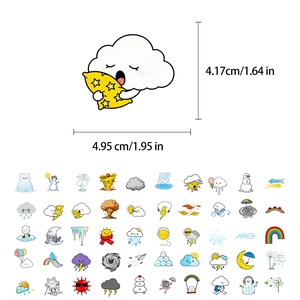 Close-up of cute cartoon weather stickers with detailed dimensions for DIY decor