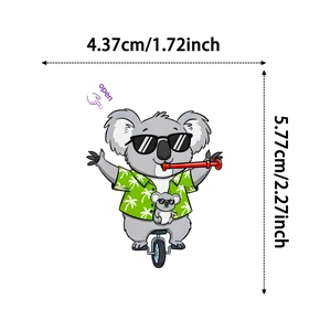 Detailed view of cartoon koala sticker on unicycle with dimensions 4.37x5.77 cm