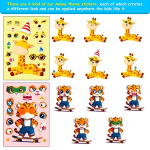6-pack cartoon animal mix-and-match stickers for kids with DIY facial expression features