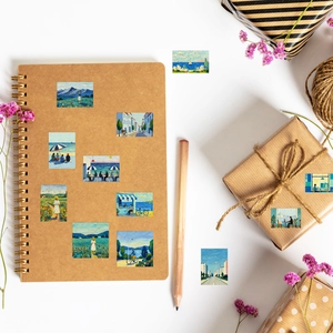 Artistic oil painting stickers on a notebook with warm aesthetics and vintage floral accents