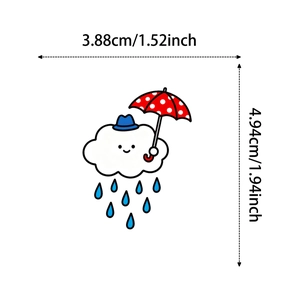 Detailed size specifications for a cute cartoon cloud sticker with a blue hat and umbrella