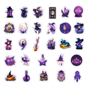 Set of 24 mystical witch stickers with purple magic elements for scrapbooking decor